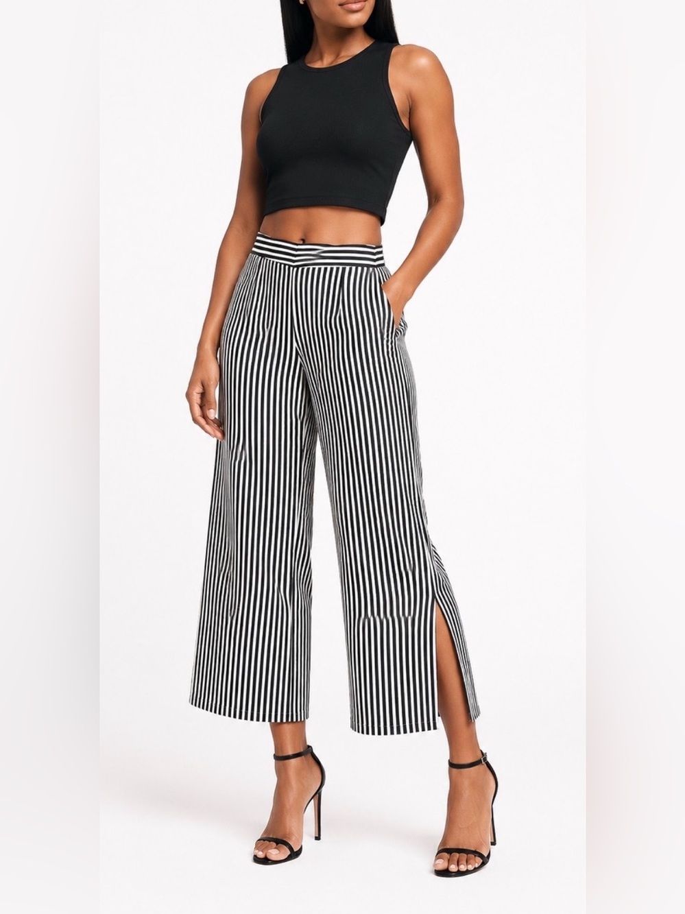 Cynthia Rowley Black & White Vertical-Stripe Wide-Leg Cropped Pants Side Slits 8